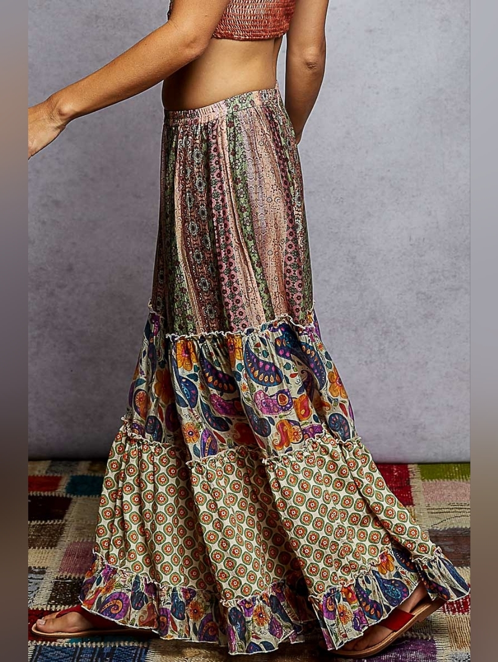 089 POL The Drift 1 Vibrant Patchwork Boho Pants In Sage Multi - Picture 3 of 5